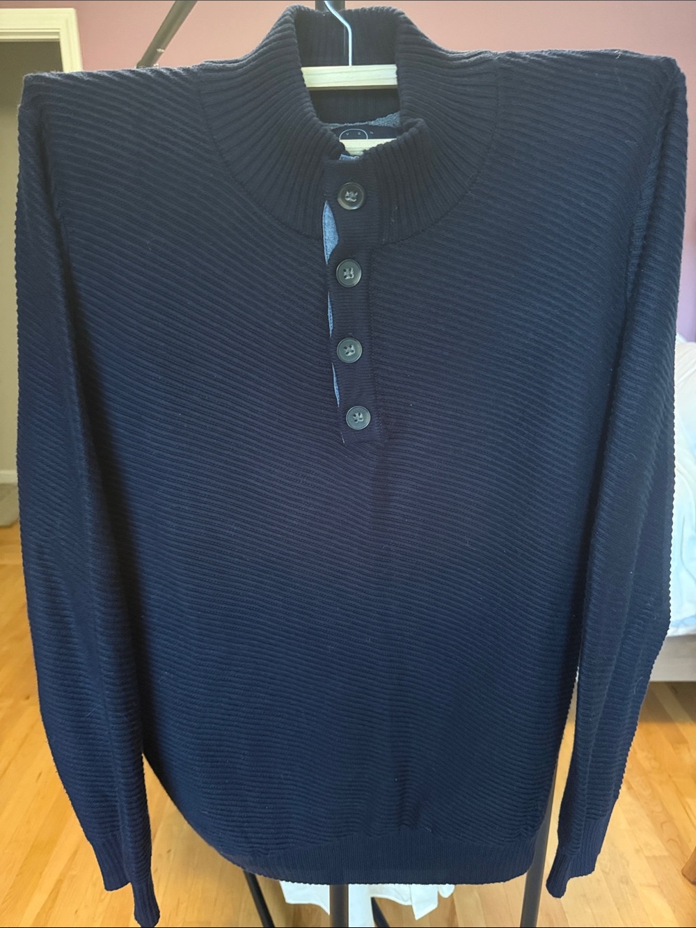 Men's Navy Ribbed Button-Neck Turtleneck Sweater
